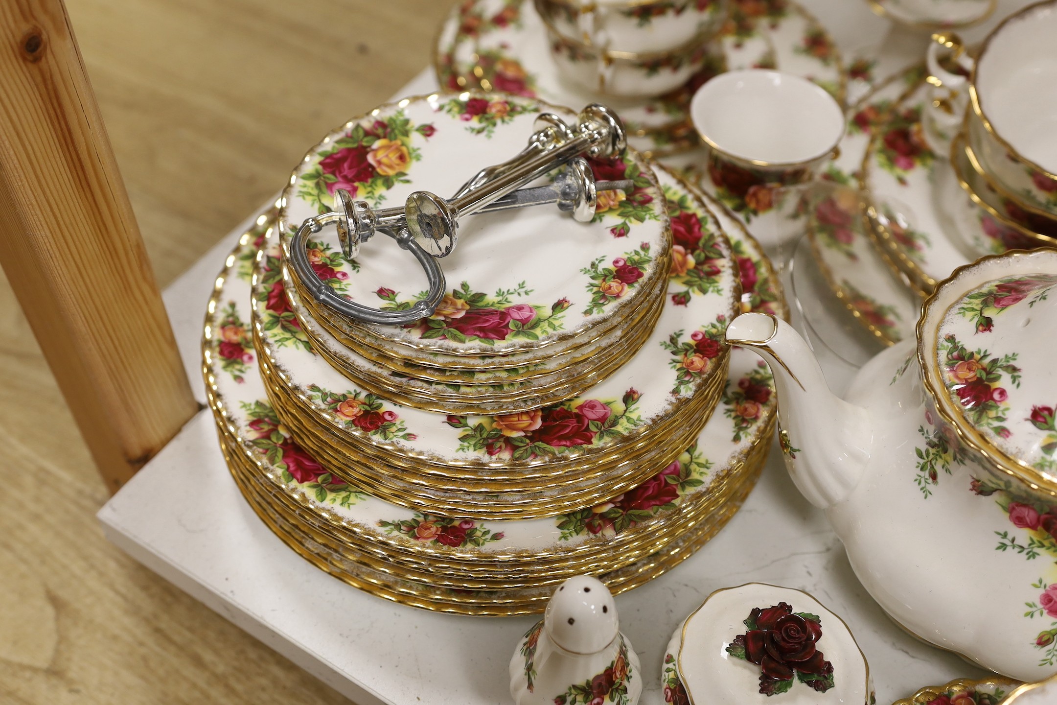 A collection of Royal Albert Old Country Roses tea and dinner service including a collection of vases, pots etc